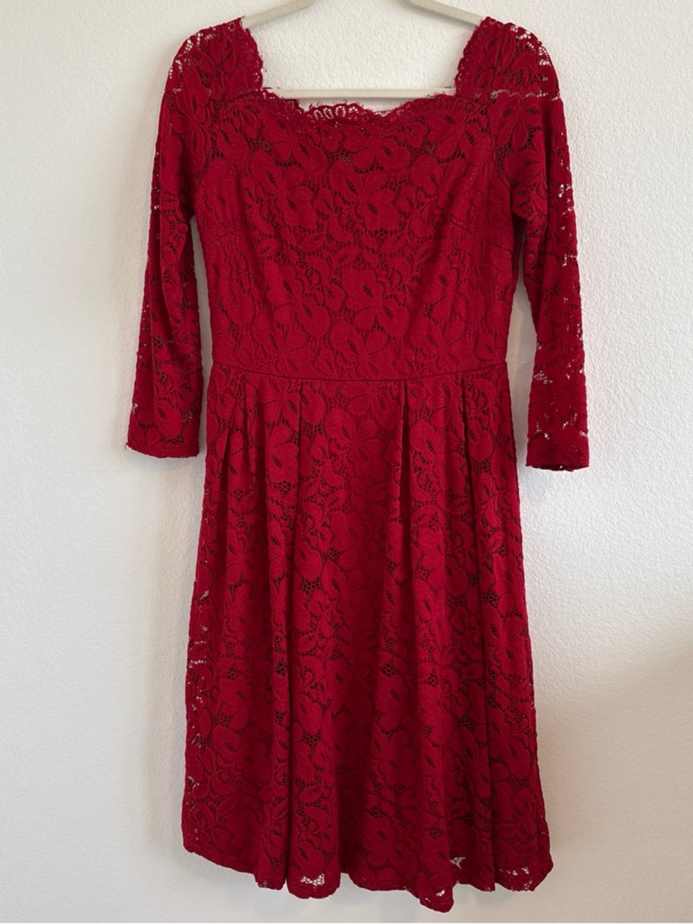 Red Lace Midi Dress with Square Neck